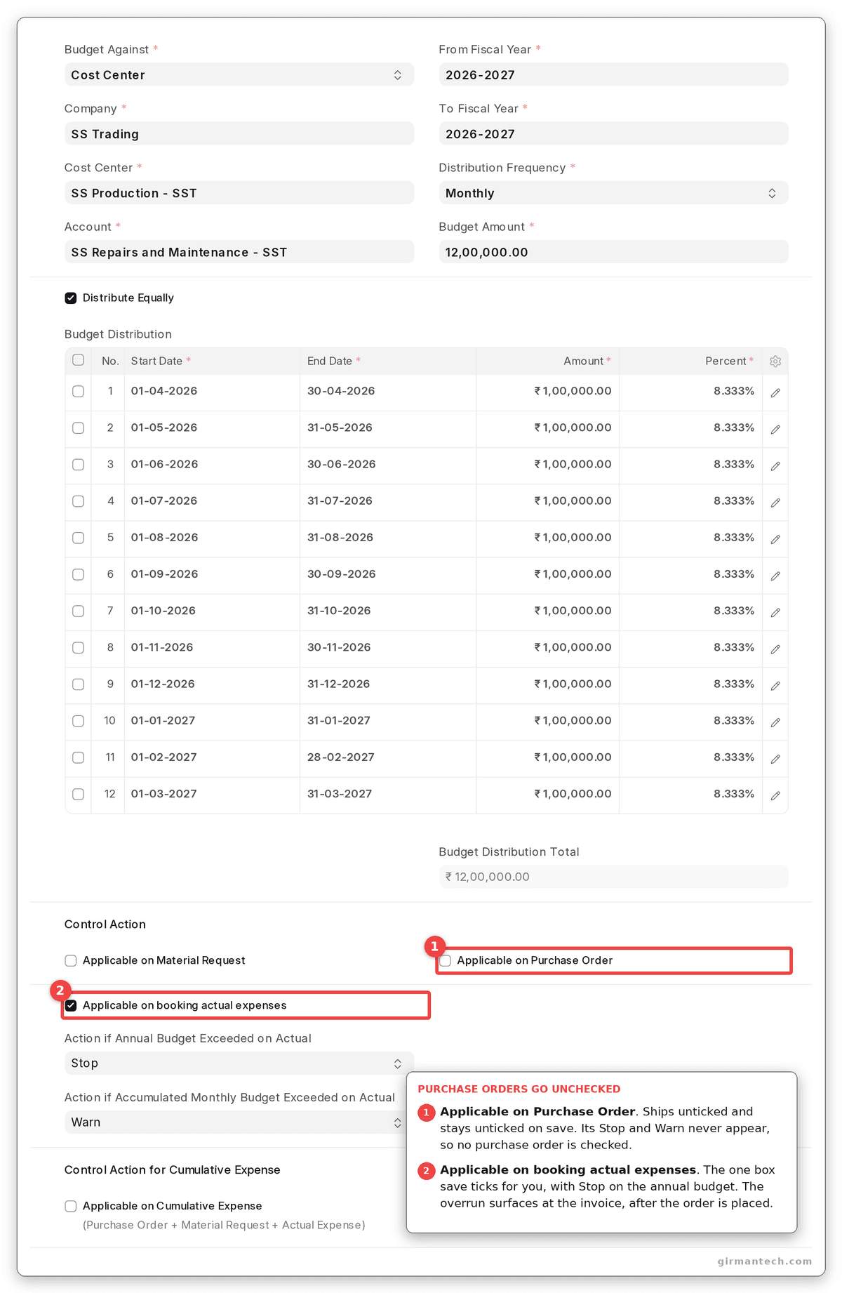 A Budget saved with no box touched: Applicable on Purchase Order unticked, so no purchase order is checked. The only Stop and Warn on the form belong to actual expenses, the box ERPNext ticked on save.
