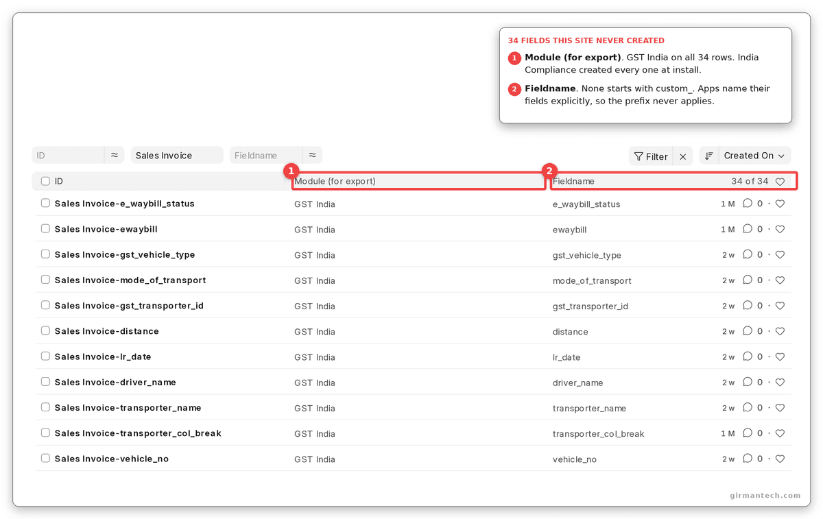 Custom Fields on Sales Invoice with Module (for export) shown: 34 of 34 belong to GST India, which is India Compliance, and none of their fieldnames starts with custom_.