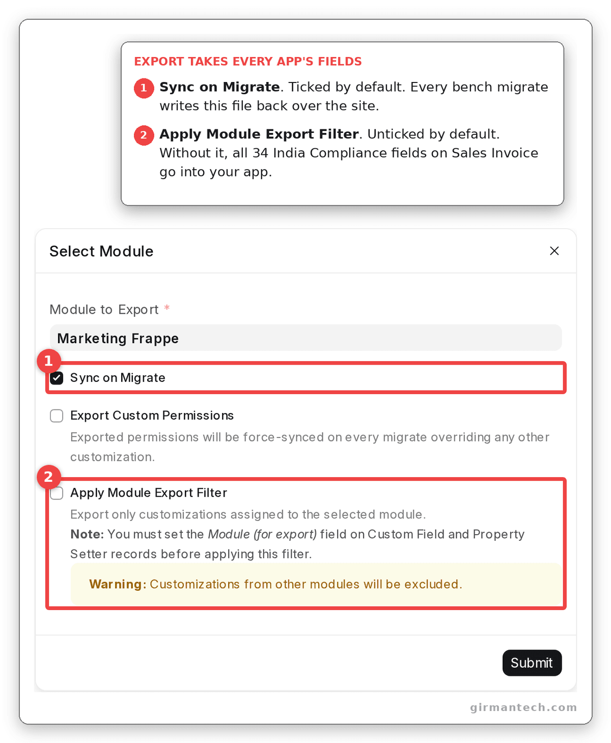Export Customizations on Sales Invoice: Sync on Migrate is ticked by default and Apply Module Export Filter is not, so the export takes every app's fields on the doctype.