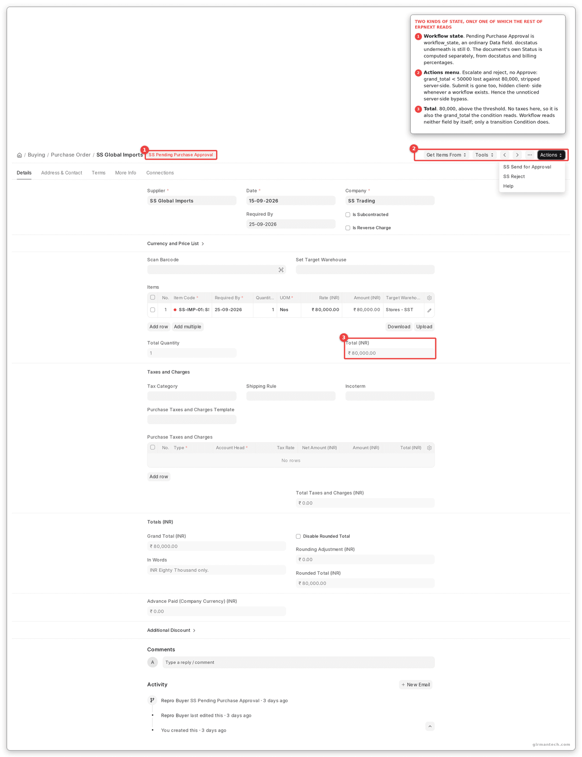 The order in Pending Purchase Approval with the Actions menu open: Send for Approval and Reject, and no Approve.