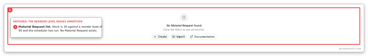 Unticked: no Material Request found.